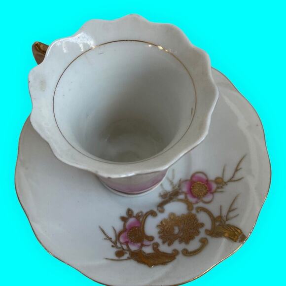 Occupied Japan Demitasse Cup & Japanese Saucer Hand Painted Pink and Gold - Picture 8 of 11